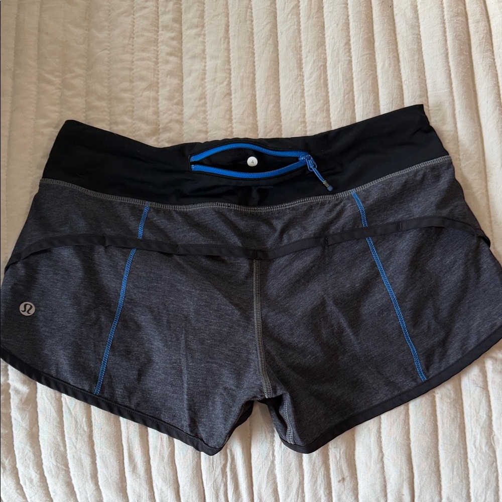 lululemon Women's Black + Gray Running Shorts with Blue Accents